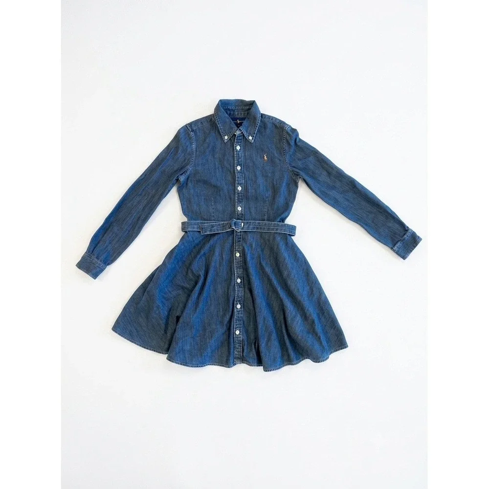 Ralph Lauren Dress Blue Sz12 Denim Button-Up Long Sleeve Belted Logo Knee Length